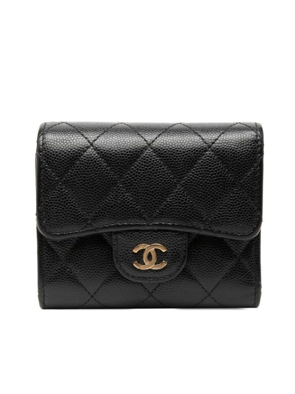 Chanel CC Logo Quilted Trifold Wallet Black Caviar Leather